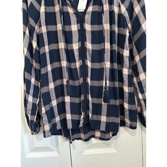 American Eagle NWT Navy Plaid Peasant Blouse XS – Boho Tassel Tie Long Sleeve - Picture 3 of 9